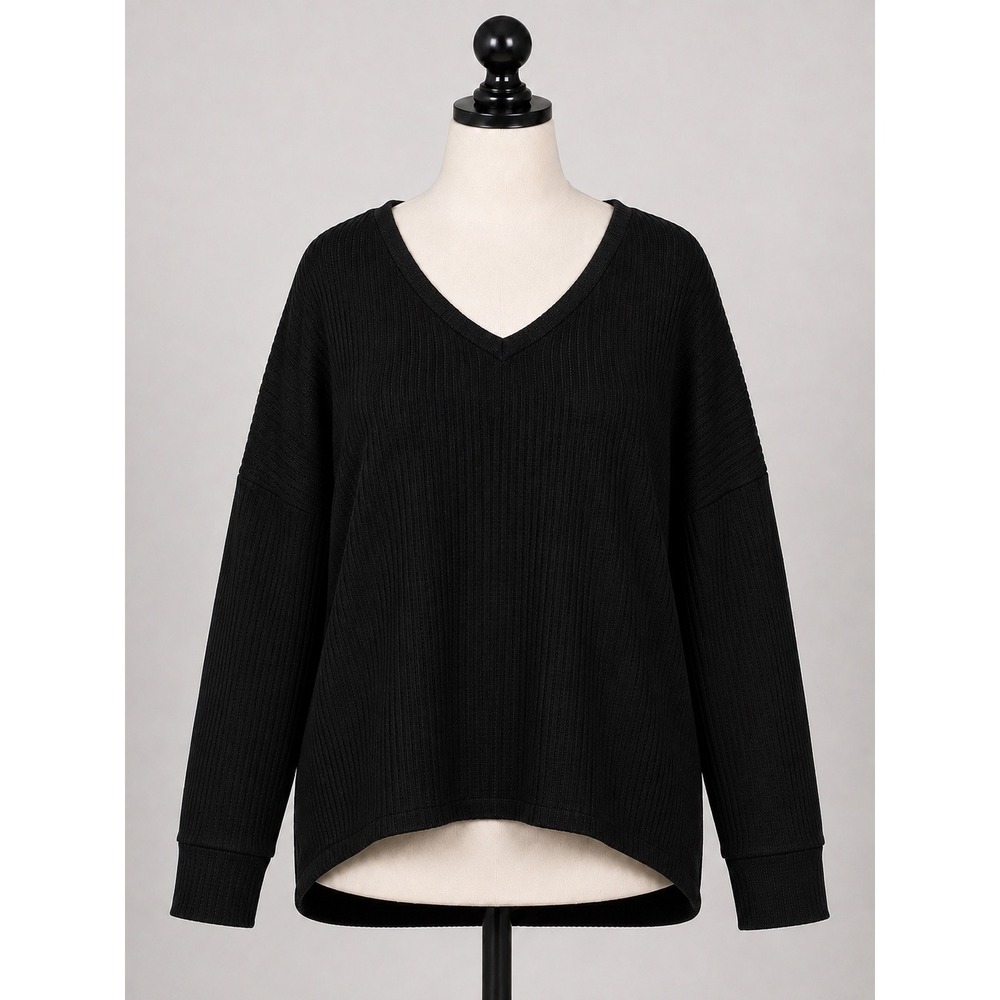 Zenana Outfitters Black Waffle Knit V-Neck High-Low Top XL Minimalist